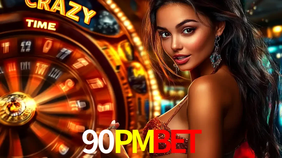 Mulher ao lado da roda de prêmios do jogo de cassino ao vivo Crazy Time, um dos shows de jogos mais emocionantes oferecidos pela plataforma de apostas 90PMBET.