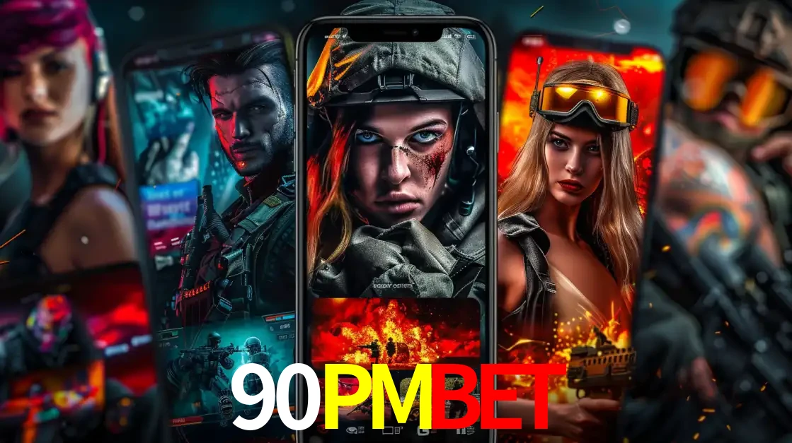 Montagem de telas de celular mostrando diversos personagens, masculinos e femininos, de um jogo de tiro, ilustrando a diversidade de equipes de e-sports para apostar no 90PMBET.