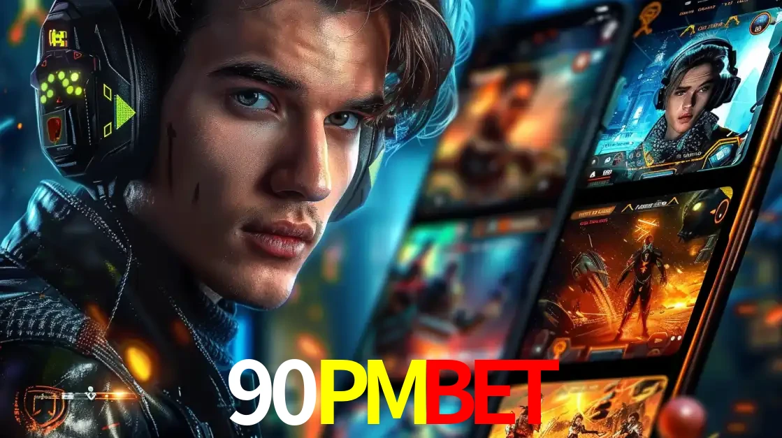 Jovem jogador com fones de ouvido olhando para a câmera, com um aplicativo de jogos e e-sports para celular ao fundo, pronto para a competição e apostas no 90PMBET.