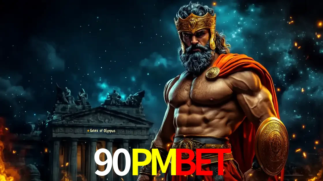 O poderoso Zeus do jogo de slot Gates of Olympus em frente ao seu templo, pronto para lançar multiplicadores divinos e prêmios épicos no cassino online 90PMBET.