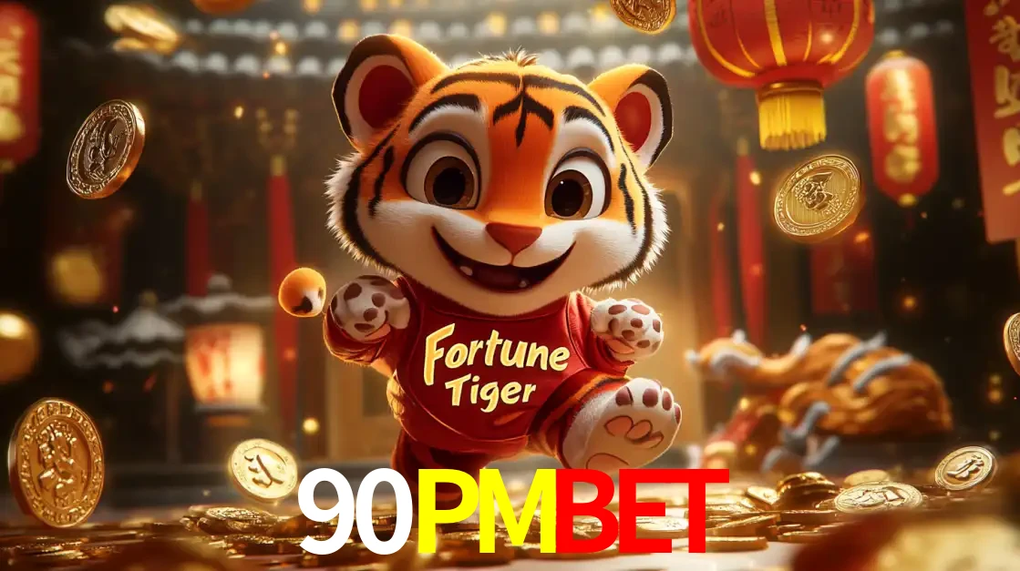 O alegre personagem do Fortune Tiger correndo sobre um caminho de moedas de ouro, simbolizando os grandes prêmios e a diversão do popular jogo de slot do 90PMBET.