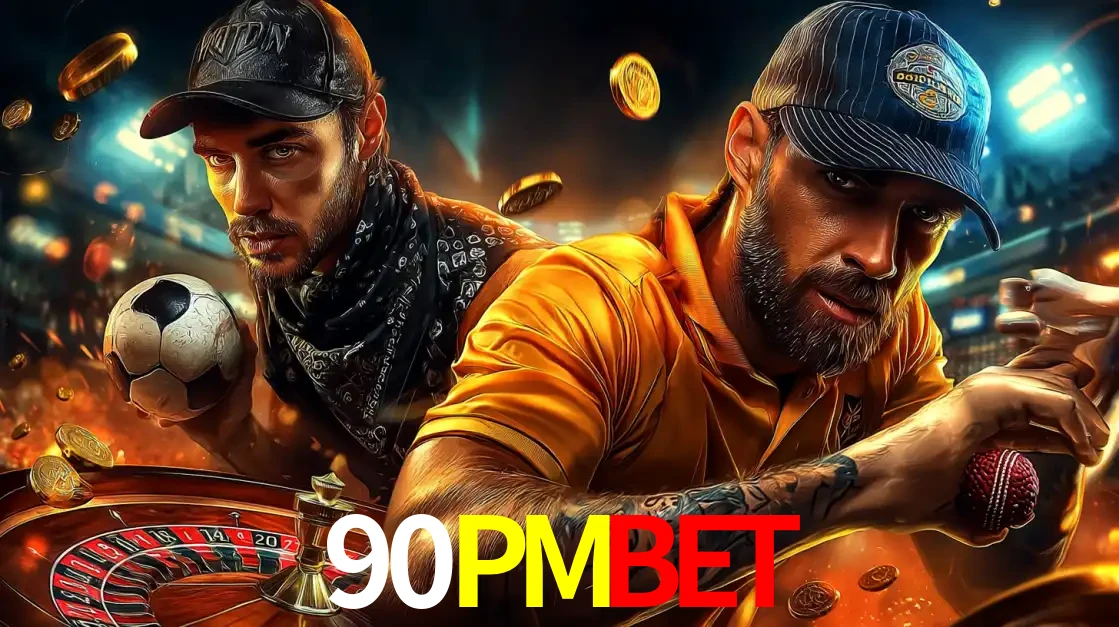 Montagem de apostas esportivas e cassino no 90PMBET, com um homem segurando uma bola de futebol e outro uma de beisebol sobre uma roleta e moedas voadoras.