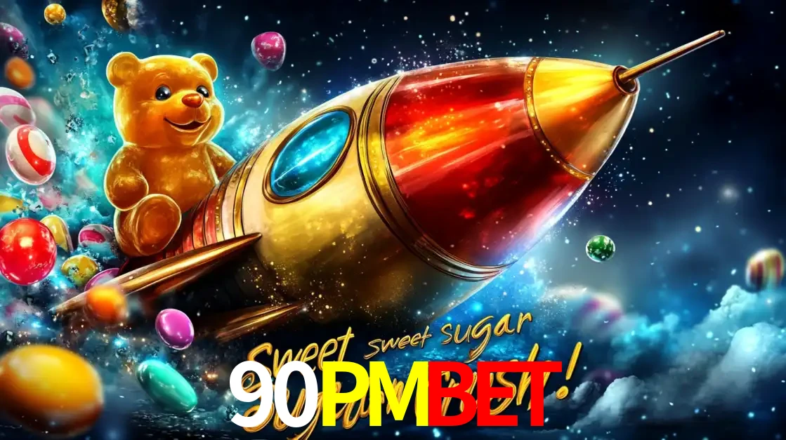 Arte promocional do jogo de slot Sugar Rush, com um urso de pelúcia em um foguete viajando pelo espaço de doces, um dos jogos divertidos disponíveis no cassino 90PMBET.