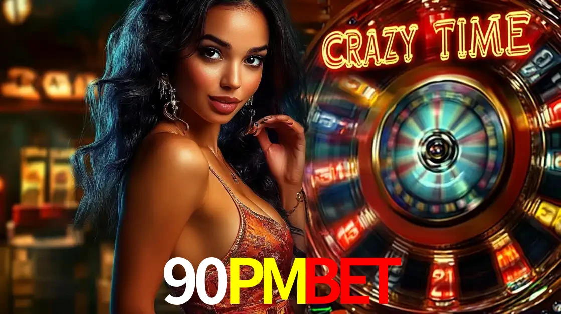 Mulher elegante ao lado da vibrante roda da fortuna do jogo de cassino ao vivo Crazy Time, um dos game shows mais populares e cheios de prêmios do 90PMBET.