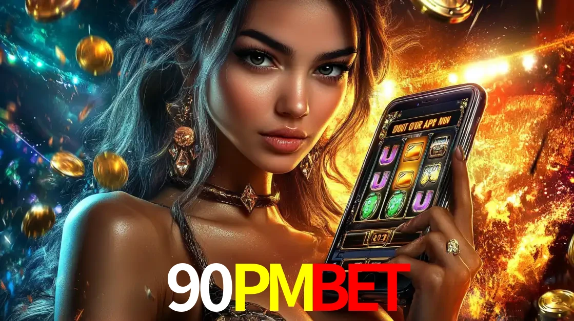 Mulher elegante mostrando um jogo de caça-níqueis em seu smartphone, destacando a experiência de cassino móvel oferecida pelo aplicativo 90PMBET.