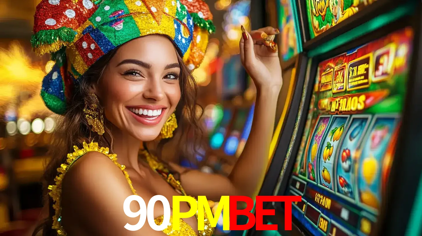 Mulher feliz com traje de carnaval amarelo e colorido ao lado de uma máquina de caça-níqueis, aproveitando a diversão e os jogos temáticos do cassino 90PMBET.