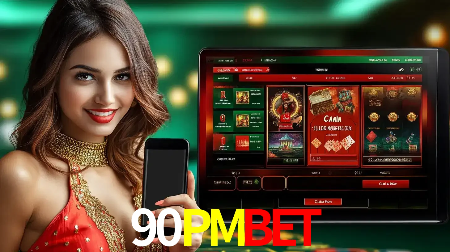Mulher sorridente segurando um smartphone, ao lado de uma tela exibindo o lobby de jogos do cassino online 90PMBET, com várias opções de jogos de cartas e slots.